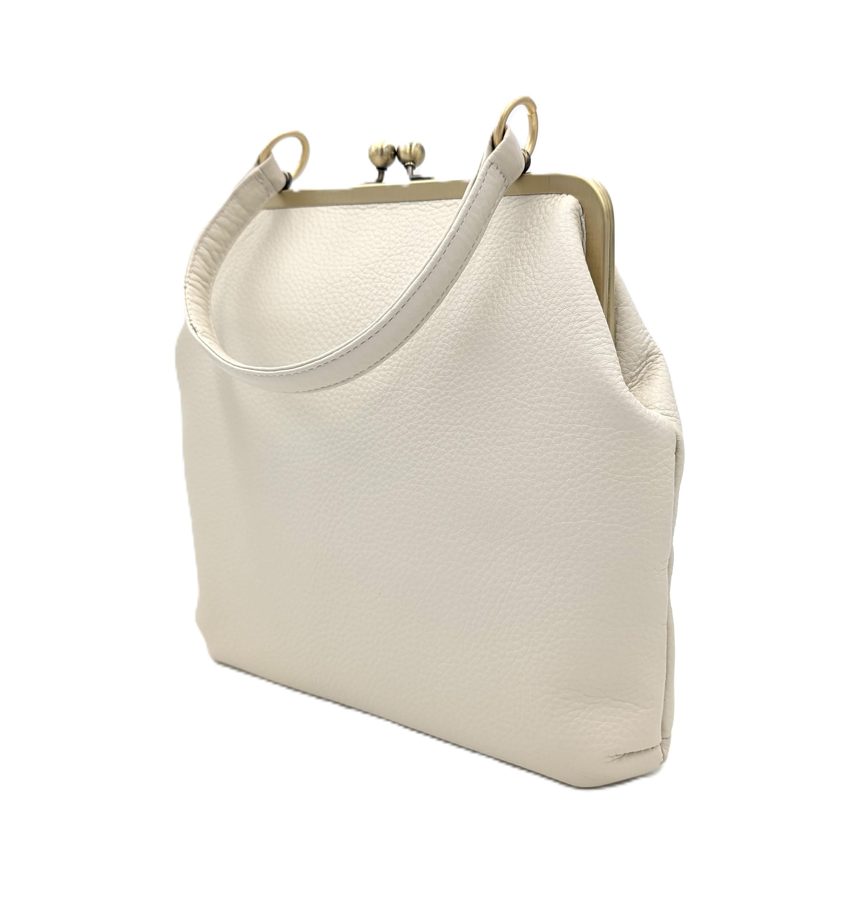 Ivory White Leather Handbag Zoe – Women’s Crossbody Bag with Handle and Kiss Lock