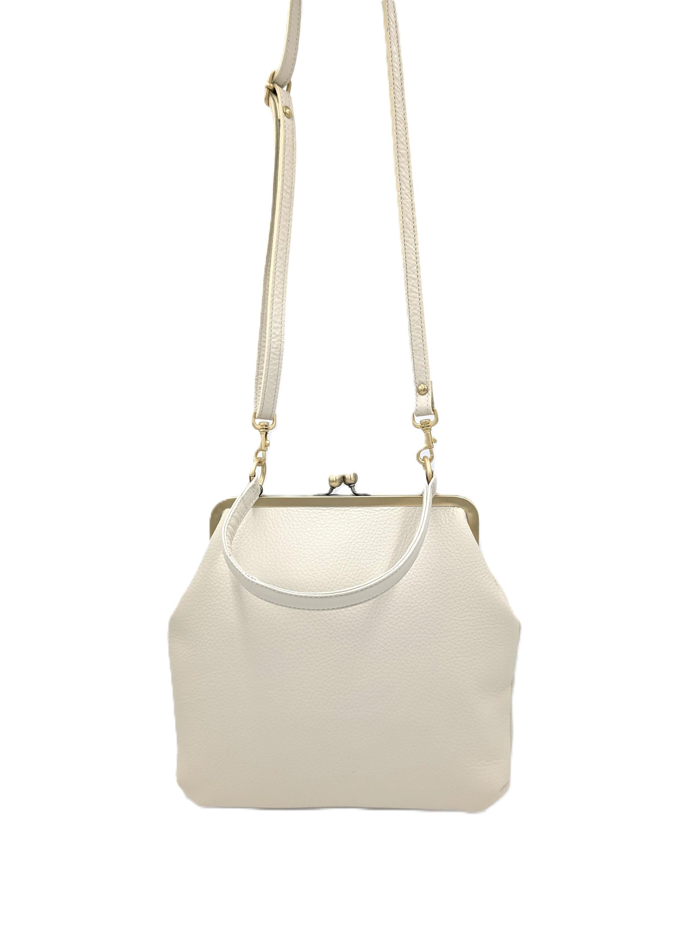 Ivory White Leather Handbag Zoe – Women’s Crossbody Bag with Handle and Kiss Lock