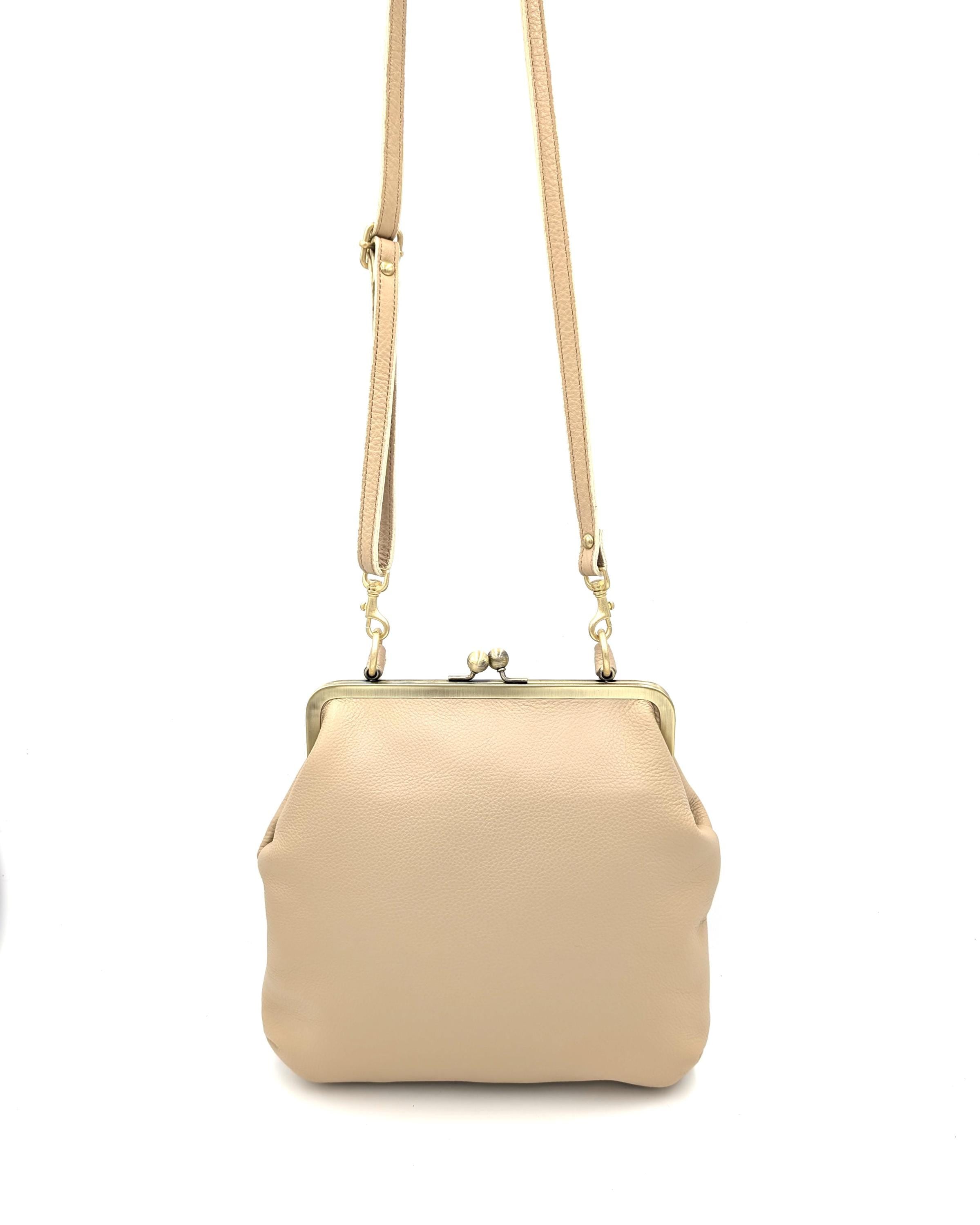 Women’s Shoulder Bag Beige Leather Handbag – Zoe Kiss Lock Purse with Snap Closure, Elegant, Versatile, Premium