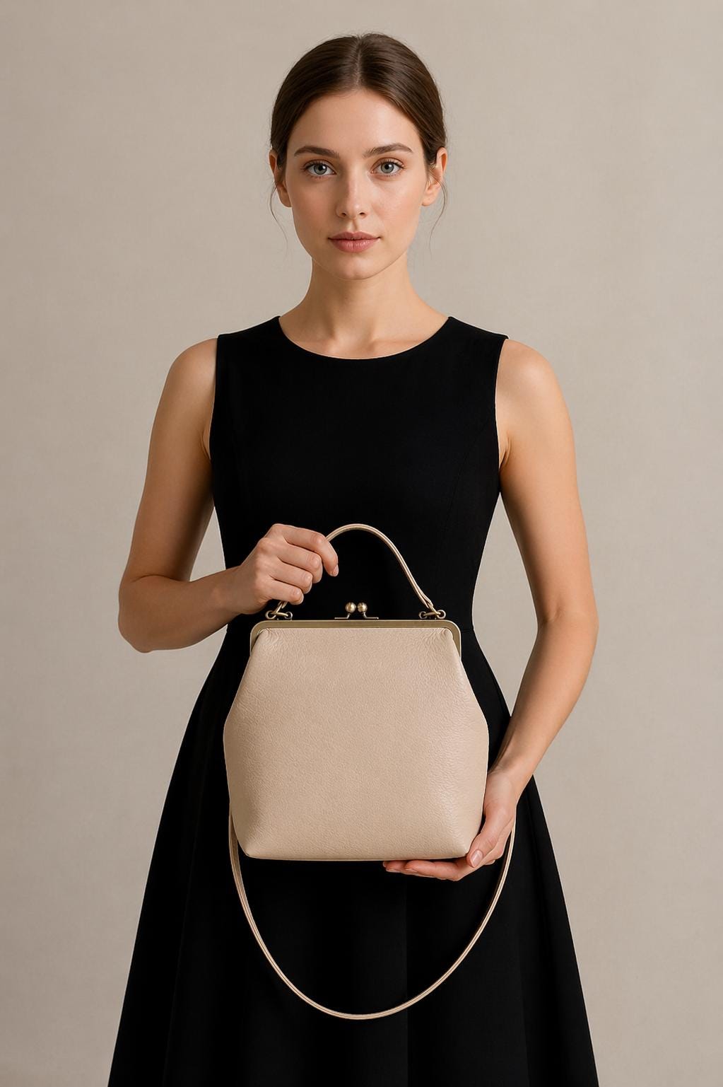Women’s Shoulder Bag Beige Leather Handbag – Zoe Kiss Lock Purse with Snap Closure, Elegant, Versatile, Premium