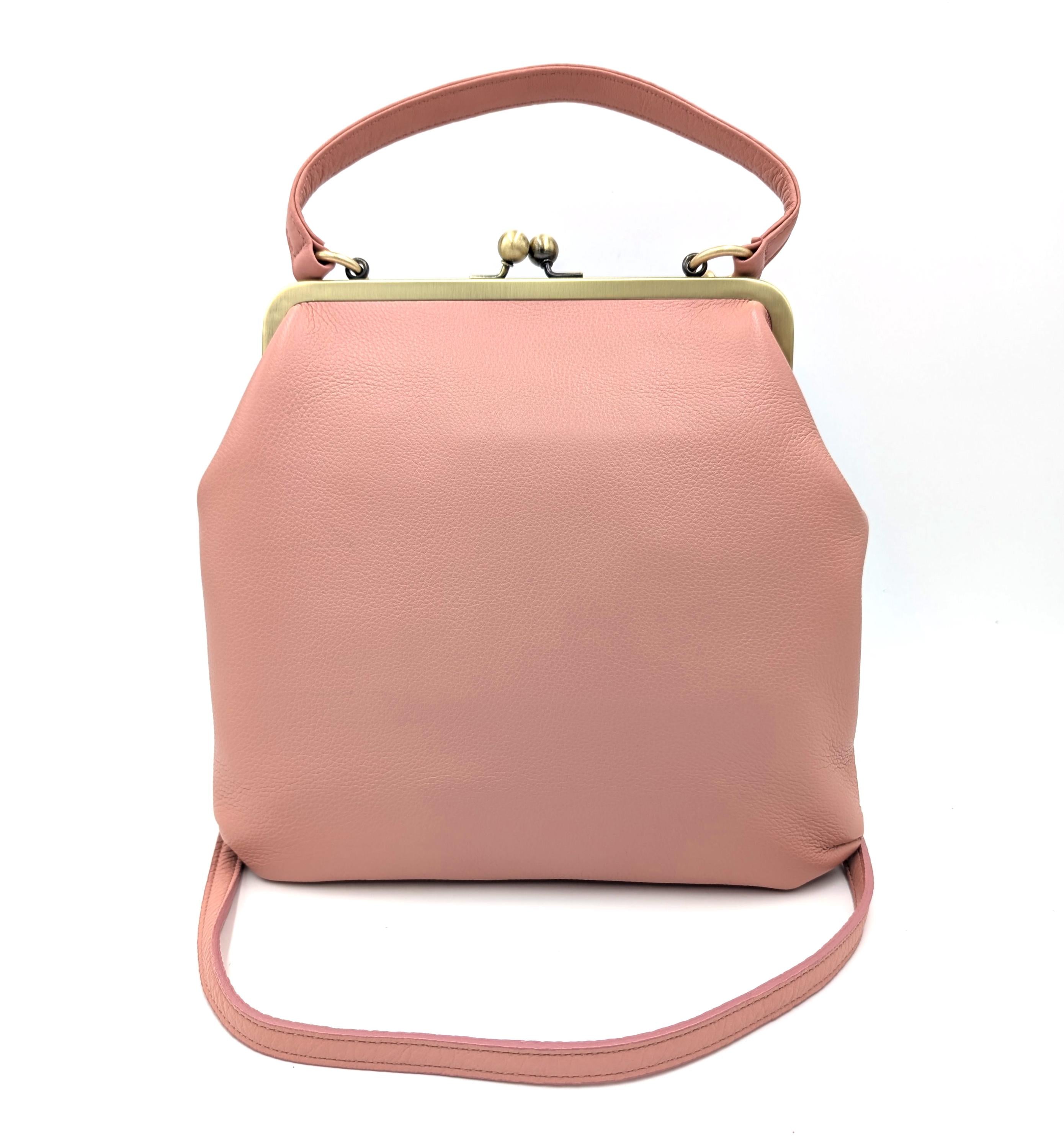 Retro Handbag for Women Pink Leather Crossbody Bag – Zoe Shoulder and Top Handle Bag with Kiss Lock