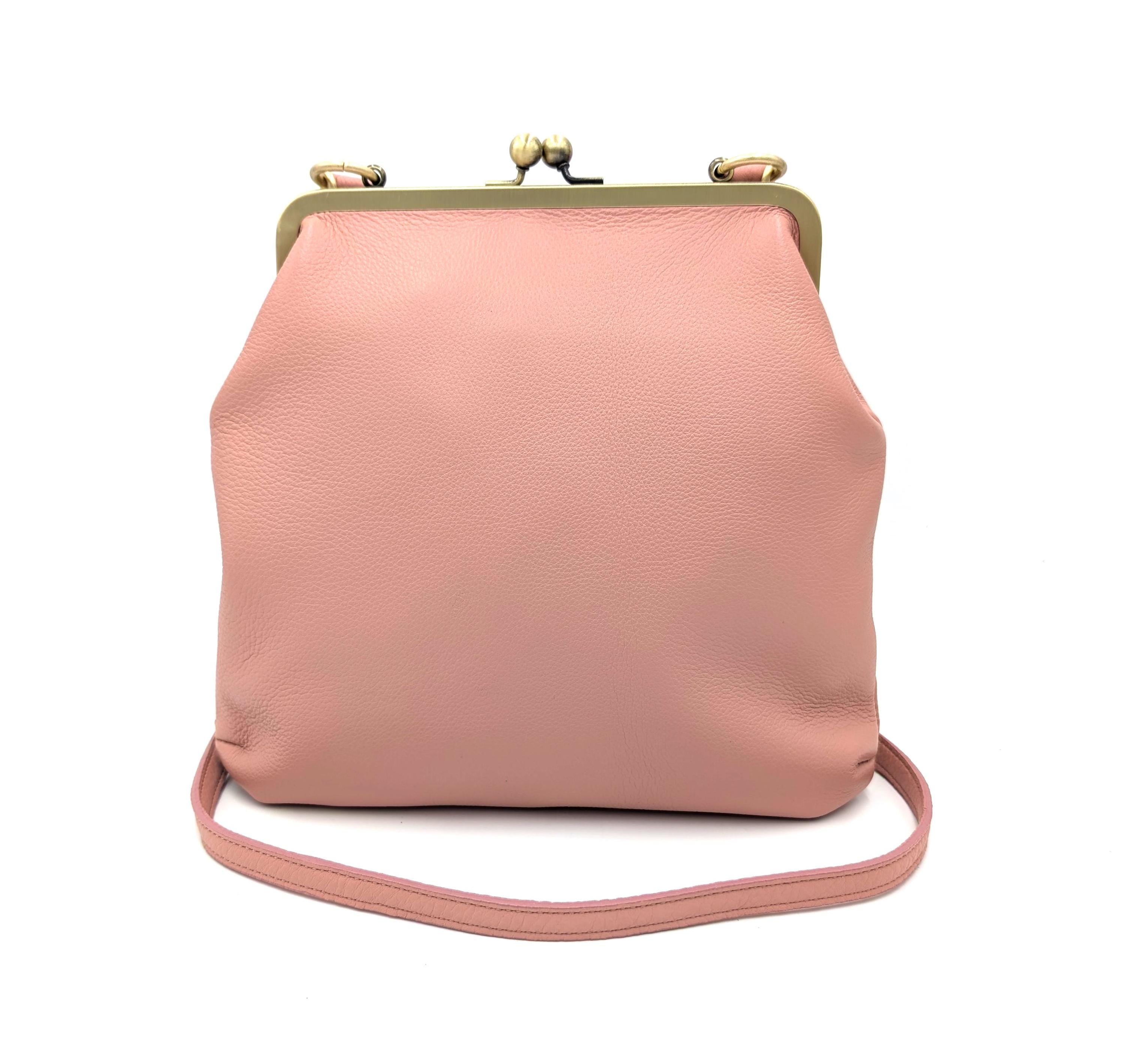 Retro Handbag for Women Pink Leather Crossbody Bag – Zoe Shoulder and Top Handle Bag with Kiss Lock