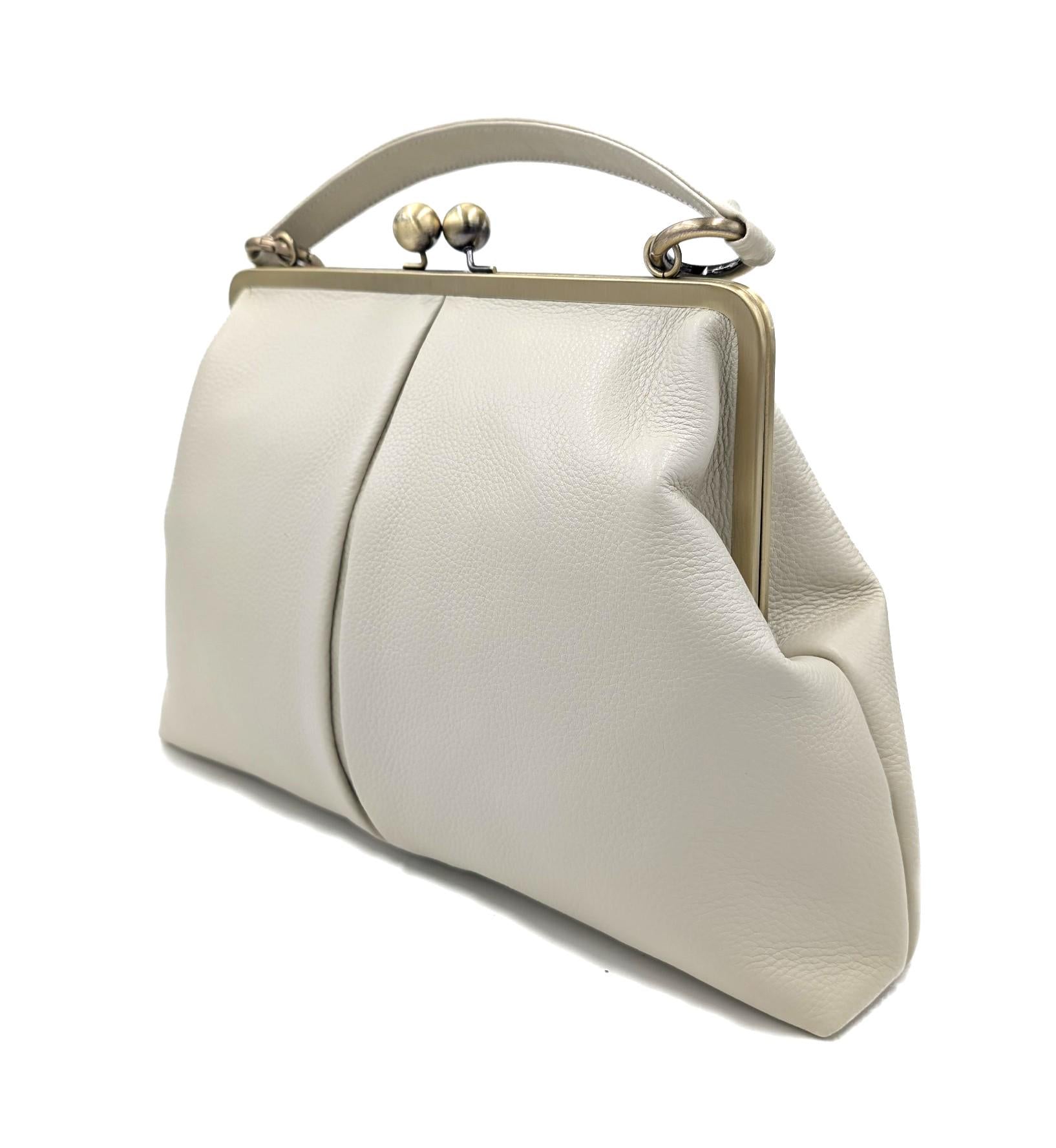 Vintage Leather Bag Women Ivory – "Large Olive" Handbag, Crossbody Bag, Top Handle Bag, Shoulder Bag, Frame Bag