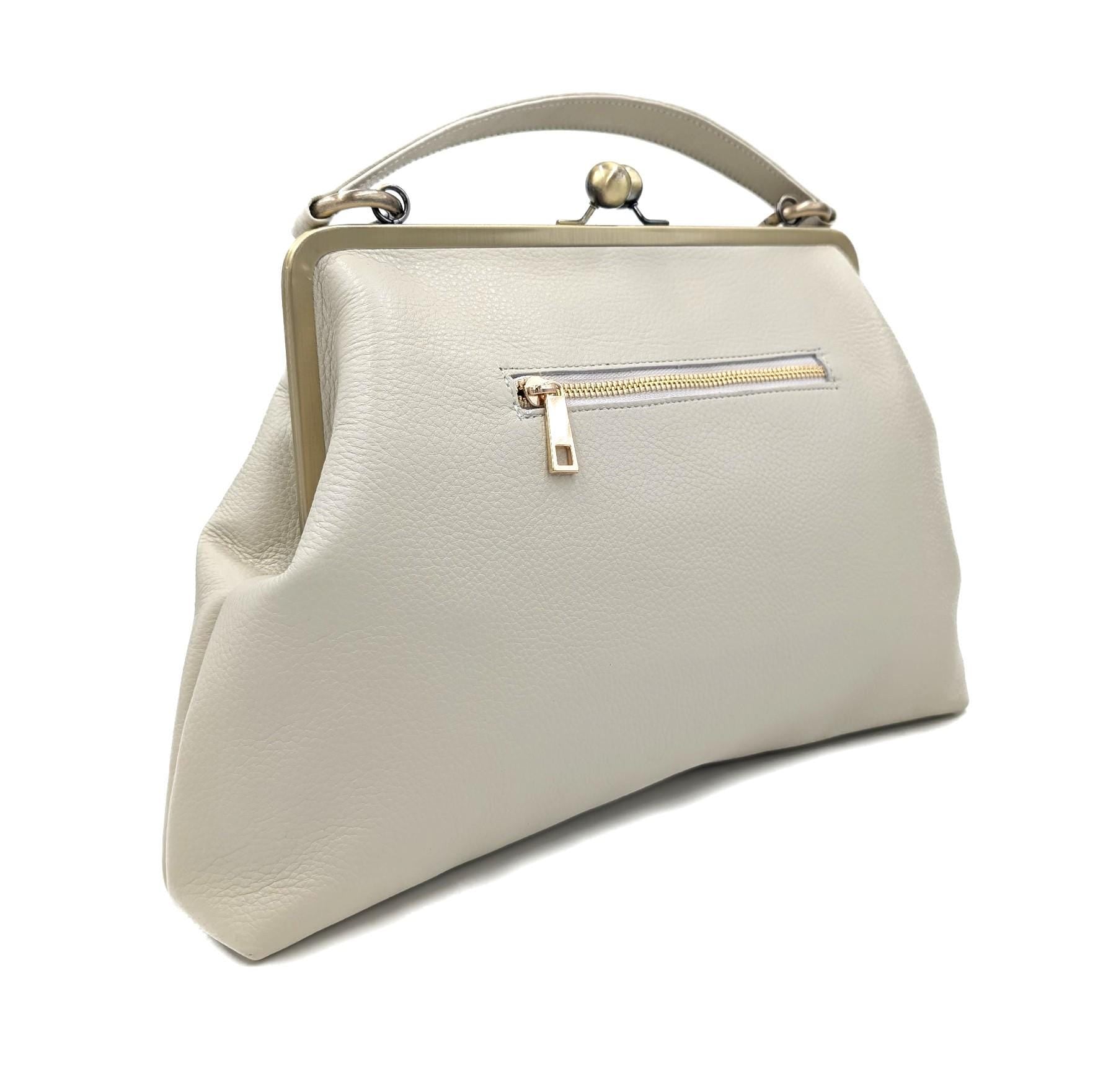 Vintage Leather Bag Women Ivory – "Large Olive" Handbag, Crossbody Bag, Top Handle Bag, Shoulder Bag, Frame Bag