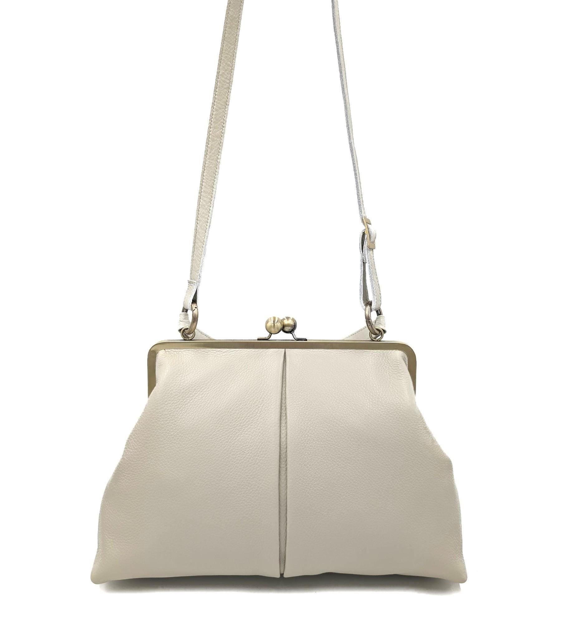 Vintage Leather Bag Women Ivory – "Large Olive" Handbag, Crossbody Bag, Top Handle Bag, Shoulder Bag, Frame Bag