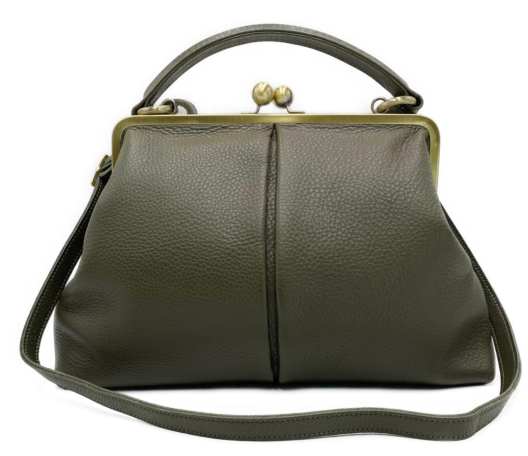 Retro Top Handle & Shoulder Bag in Leather – “Large Olive” Vintage Handbag, Elegant and Versatile Purse