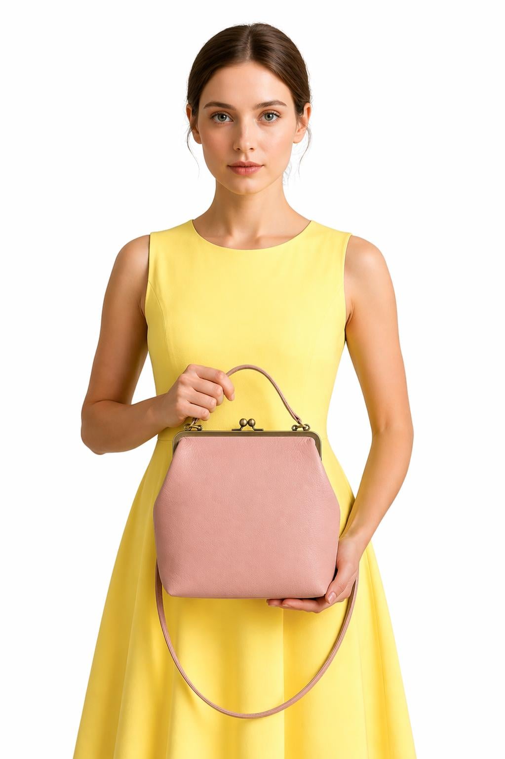 Retro Handbag for Women Pink Leather Crossbody Bag – Zoe Shoulder and Top Handle Bag with Kiss Lock