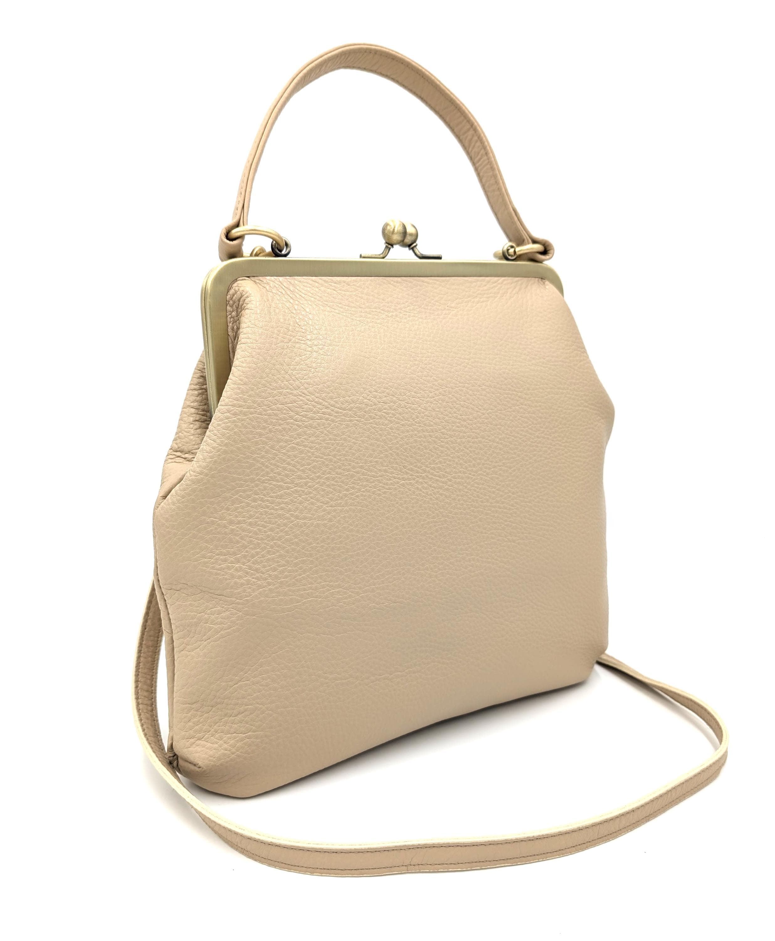 Women’s Shoulder Bag Beige Leather Handbag – Zoe Kiss Lock Purse with Snap Closure, Elegant, Versatile, Premium