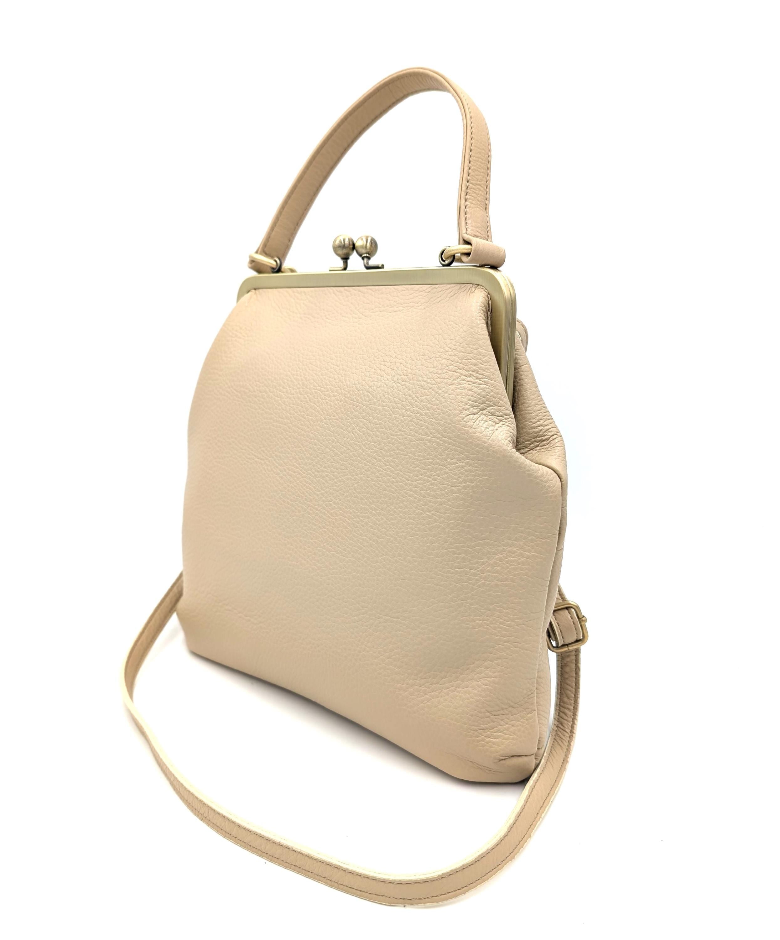 Women’s Shoulder Bag Beige Leather Handbag – Zoe Kiss Lock Purse with Snap Closure, Elegant, Versatile, Premium
