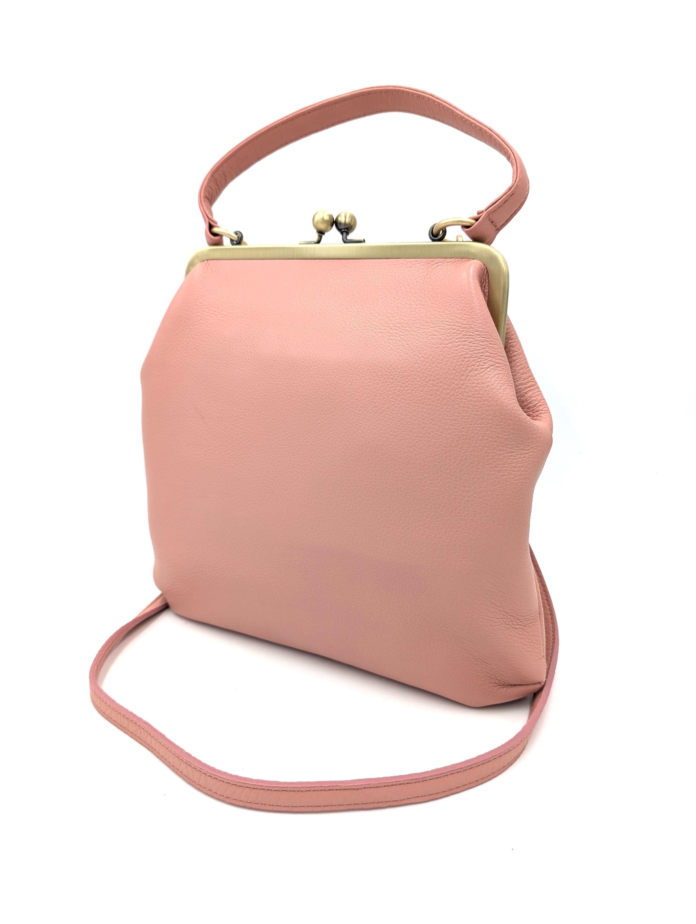 Retro Handbag for Women Pink Leather Crossbody Bag – Zoe Shoulder and Top Handle Bag with Kiss Lock