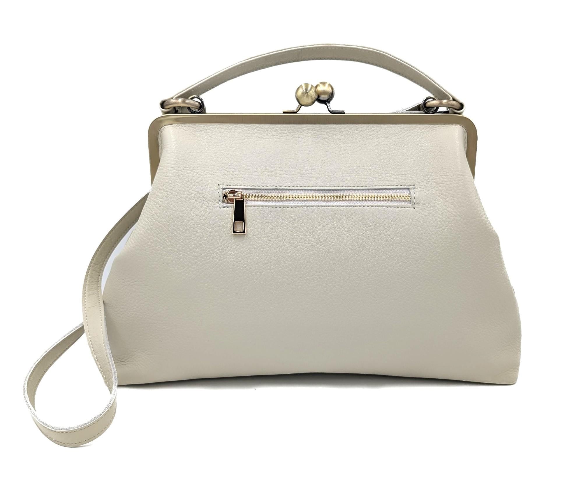 Vintage Leather Bag Women Ivory – "Large Olive" Handbag, Crossbody Bag, Top Handle Bag, Shoulder Bag, Frame Bag