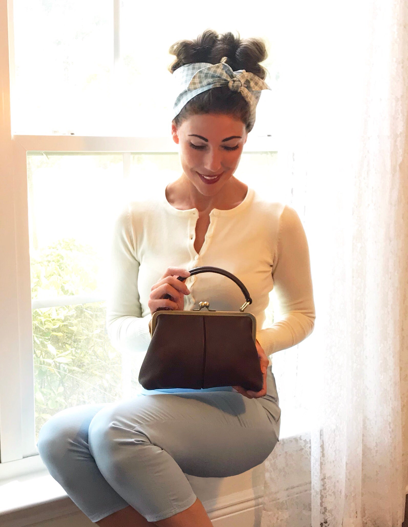 Retro Handtasche Leder - Kleine Olive in Dunkelbraun, Henkeltasche, Umhängetasche, Bügeltasche