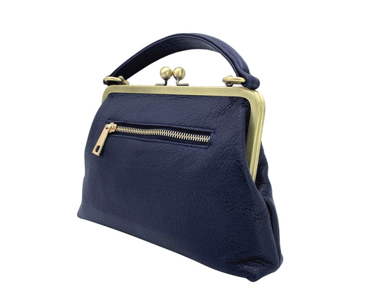 Leather handbag in vintage style Small Olive in dark blue handle ba