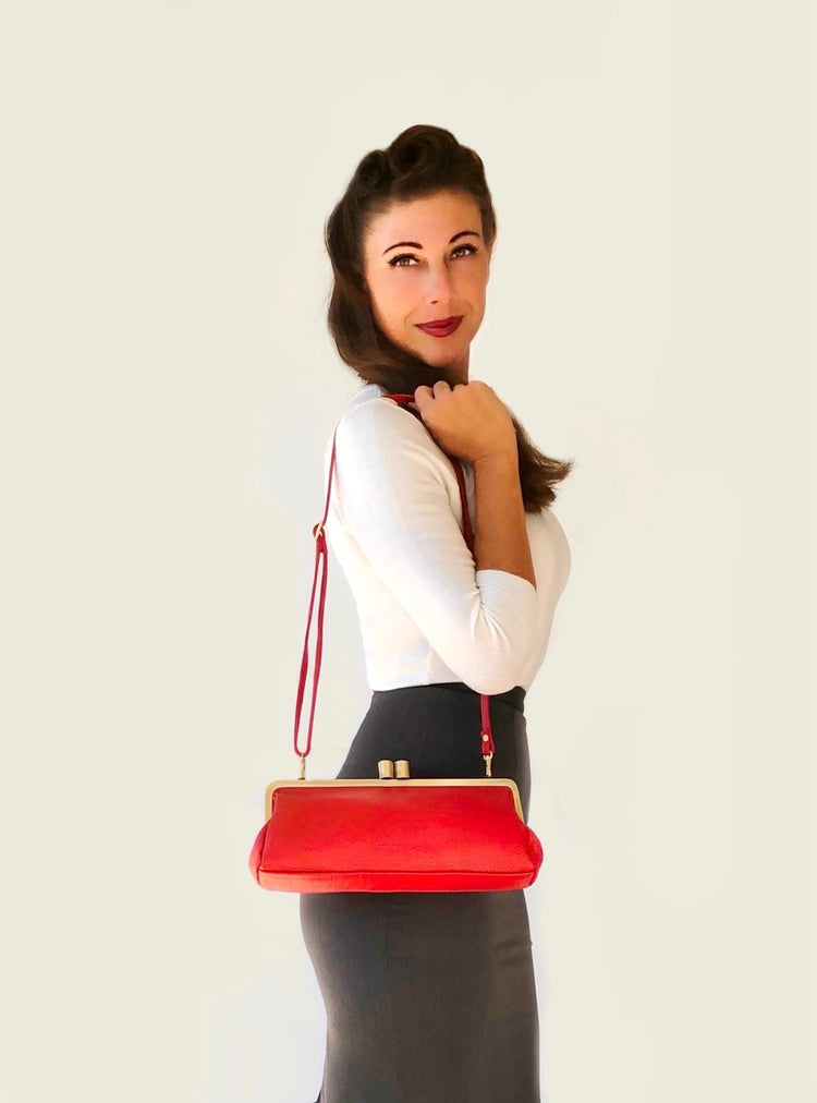 Ledertasche "Victoria" in rot, Vintage Leder Tasche, Leder Handtasche, Leder Schultertasche, Leder Clutch, Abendtasche, Klippverschluss - Taschenkinder.de