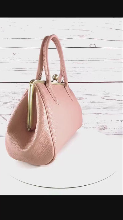 Pink Leather Handbag – Vintage Top Handle Bag & Crossbody – Retro Purse for Women – Kiss Lock Bag in Genuine Leather – Model “Marie”