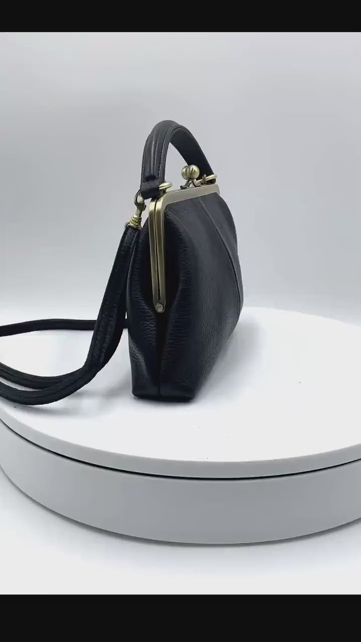 Leather Crossbody and Top Handle Bag in Retro Style "Little Olive" in Violet – Kiss Lock Purse