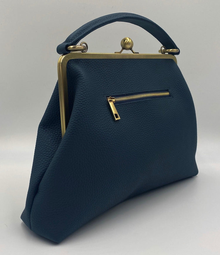 Retro Bügeltasche, Leder Handtasche "Olivia" in dunkelblau, Ledertasche, Henkeltasche, Schultertasche, Umhängetasche, im Vintage Stil - Taschenkinder.de