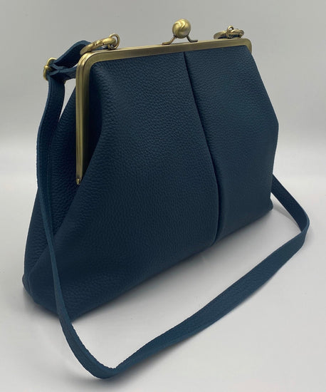 Retro Bügeltasche, Leder Handtasche "Olivia" in dunkelblau, Ledertasche, Henkeltasche, Schultertasche, Umhängetasche, im Vintage Stil - Taschenkinder.de