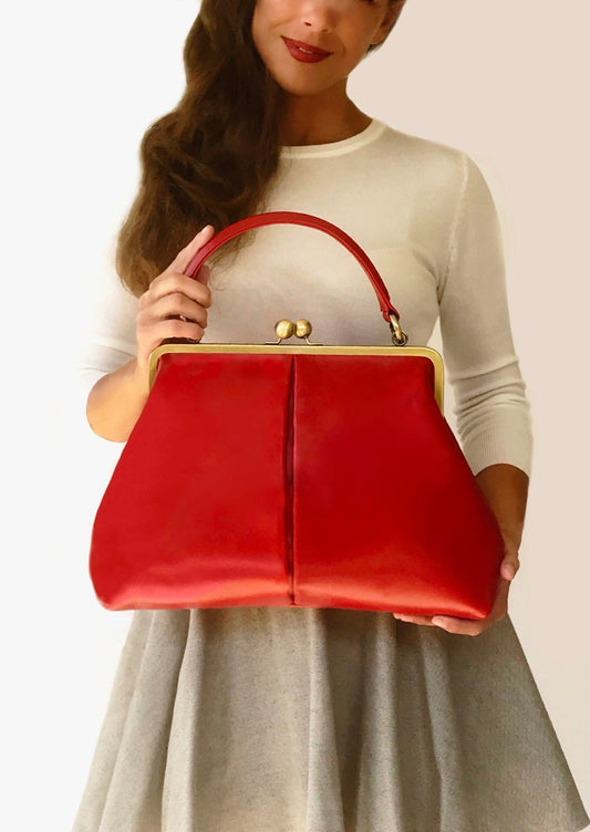 Retro Handtasche Damen, Bügeltasche "Olive" in rot, Ledertasche, Leder Henkeltasche, Leder Umhängetasche, Leder Schultertasche, Vintage Stil - Taschenkinder.de