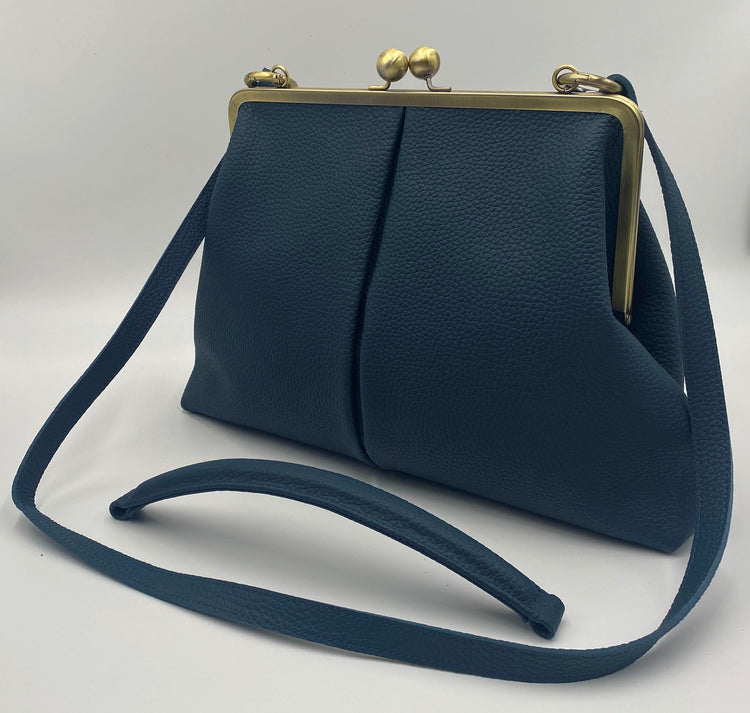 Retro Bügeltasche, Leder Handtasche "Olivia" in dunkelblau, Ledertasche, Henkeltasche, Schultertasche, Umhängetasche, im Vintage Stil