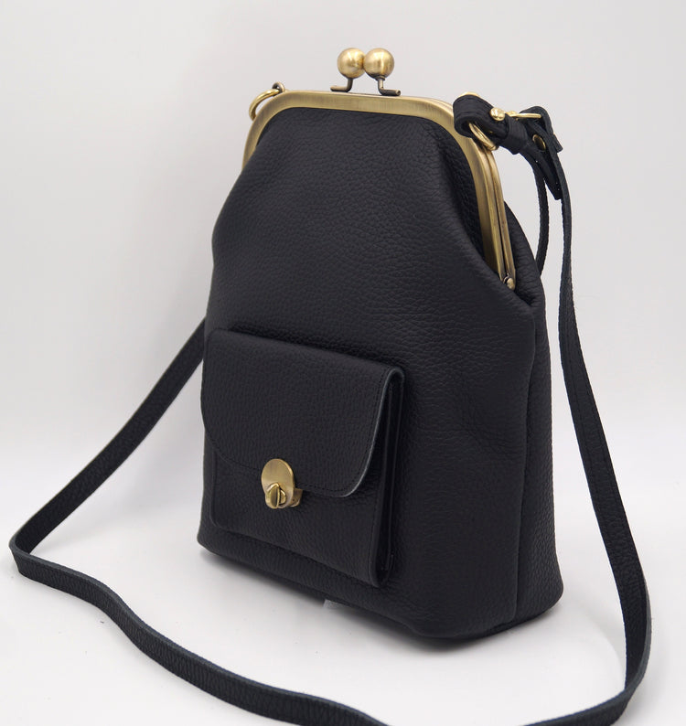 Leder Handtasche Retro, Bügeltasche "Grace" in schwarz, Damentasche, Ledertasche, Leder Umhängetasche, Bügelverschluss