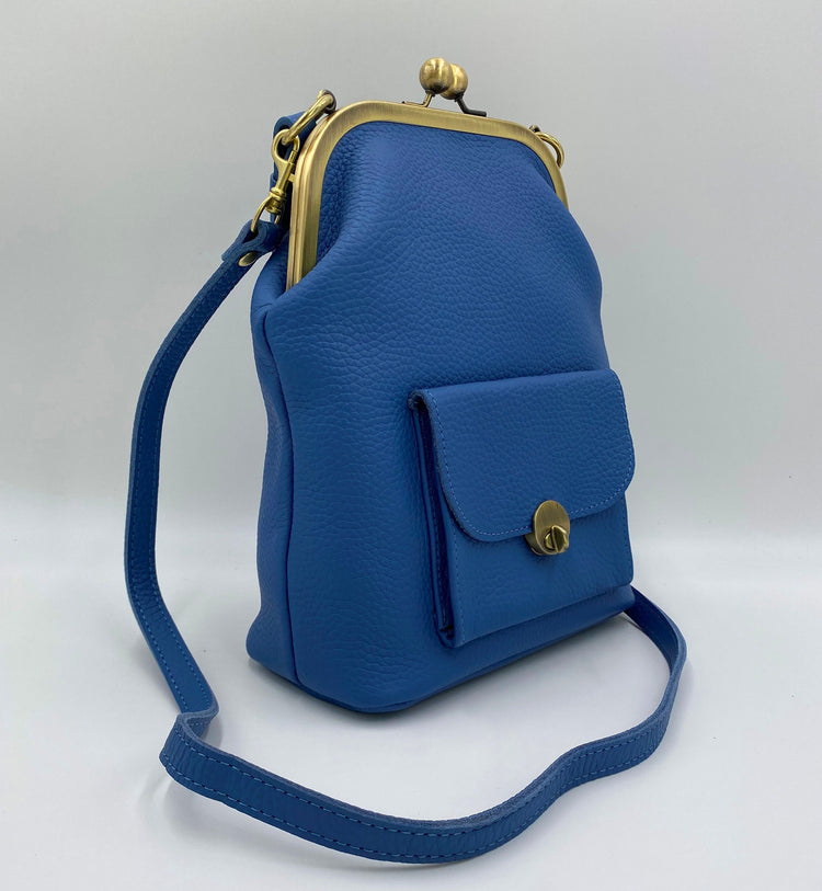 Leder Handtasche Retro, Bügeltasche "Grace" in blau, Damentasche, Ledertasche, Leder Umhängetasche, Bügelverschluss