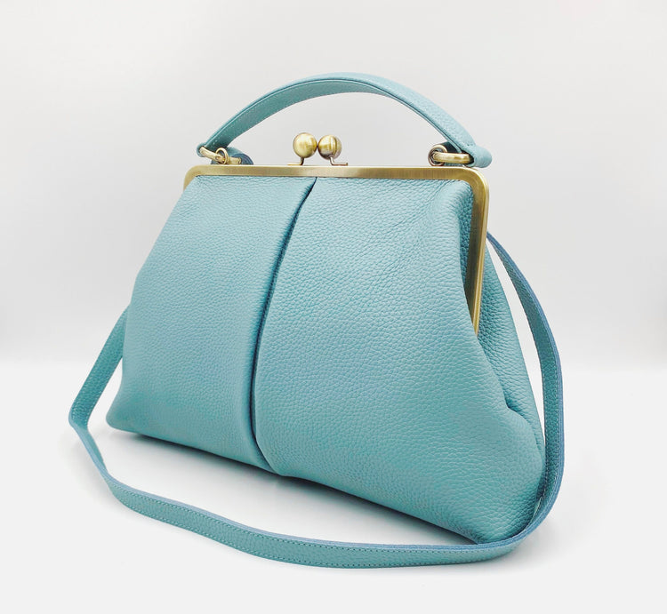 Retro Bügeltasche, Leder Handtasche "Olivia" in hellblau, Ledertasche, Henkeltasche, Schultertasche, Umhängetasche, im Vintage Stil
