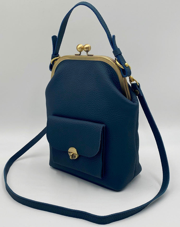 Leder Handtasche Retro, Bügeltasche "Grace" in dunkelblau, Damentasche, Ledertasche, Leder Umhängetasche, Bügelverschluss