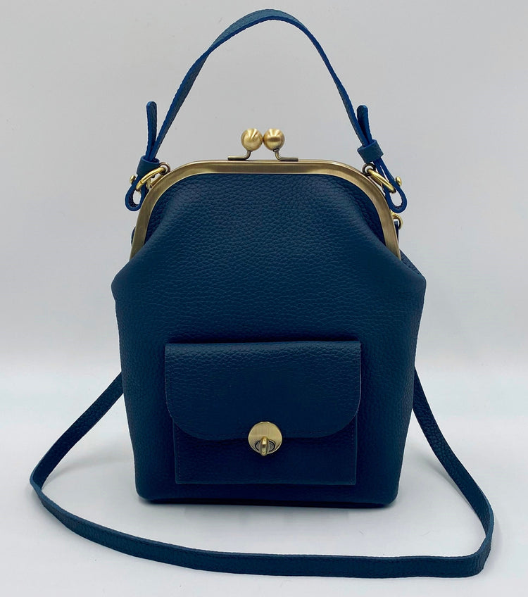 Leder Handtasche Retro, Bügeltasche "Grace" in dunkelblau, Damentasche, Ledertasche, Leder Umhängetasche, Bügelverschluss